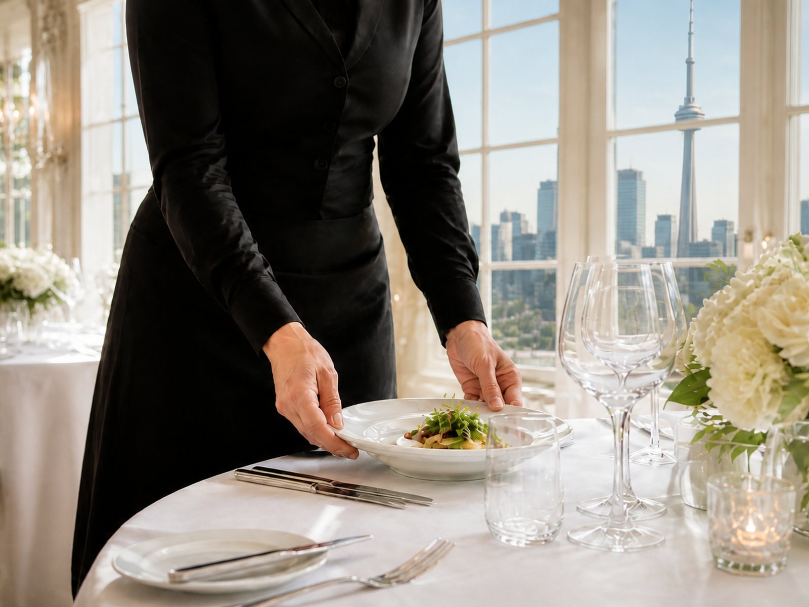An event server in professional black attire placing a plated course beside a Toronto skyline view.